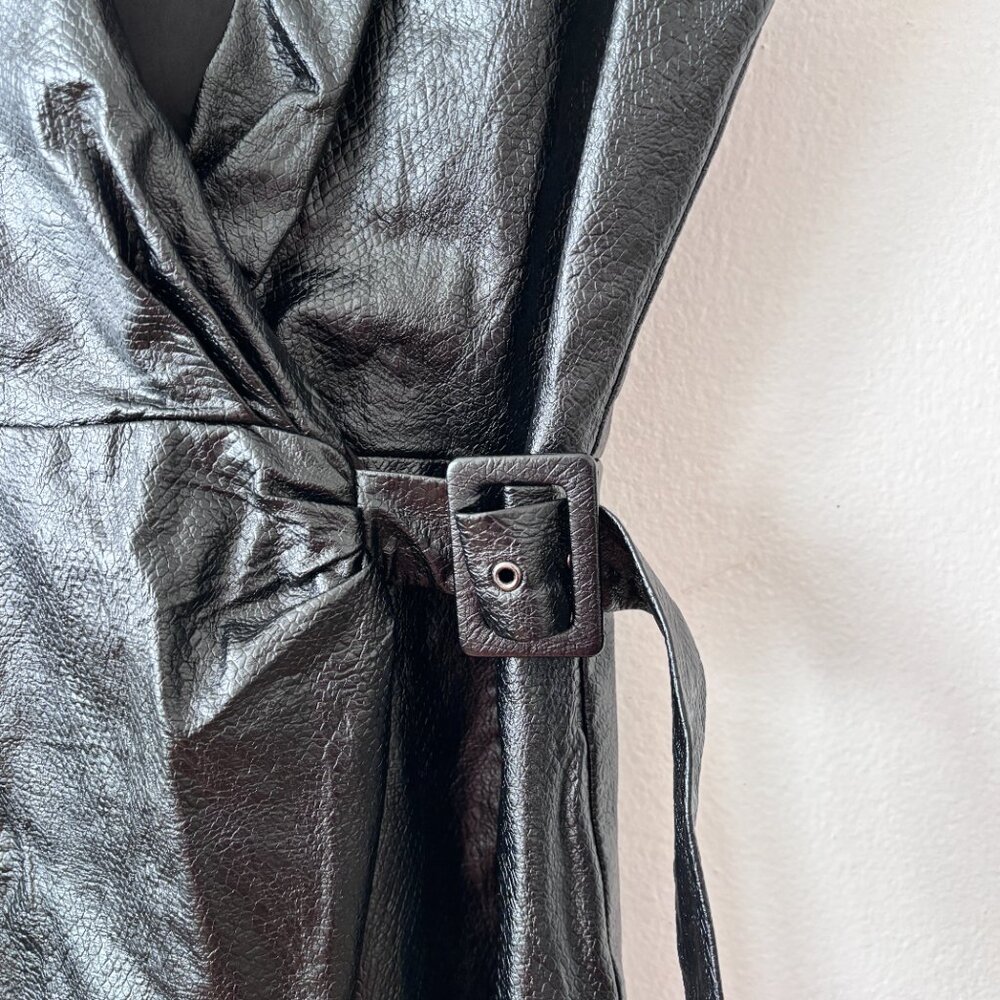 Ramy Brook Leah Black Faux Leather Wrap Midi Dress - Picture 6 of 9